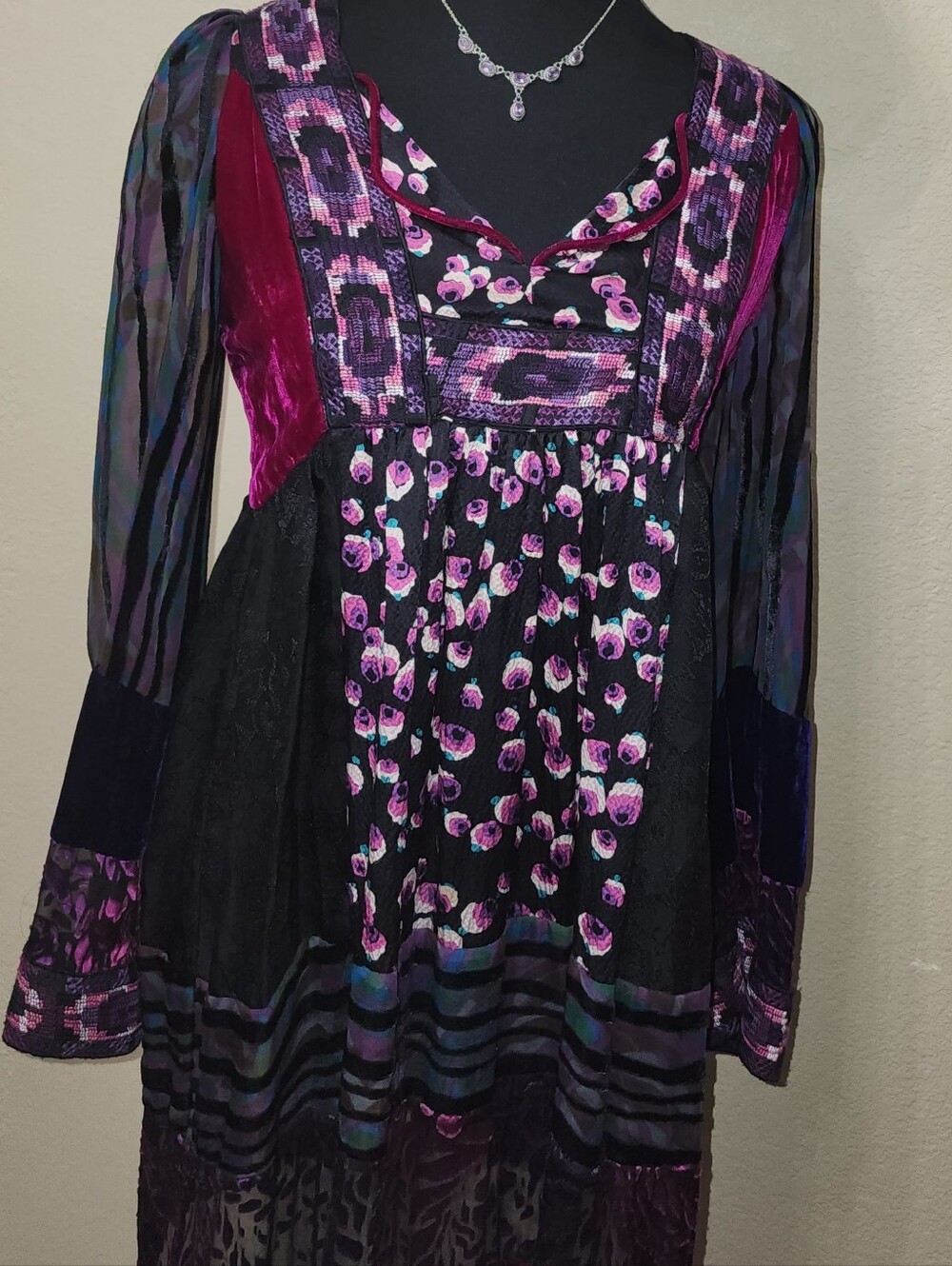 Anna Sui Patchwork Baby Doll Dress Purple Floral Velvet Sheer